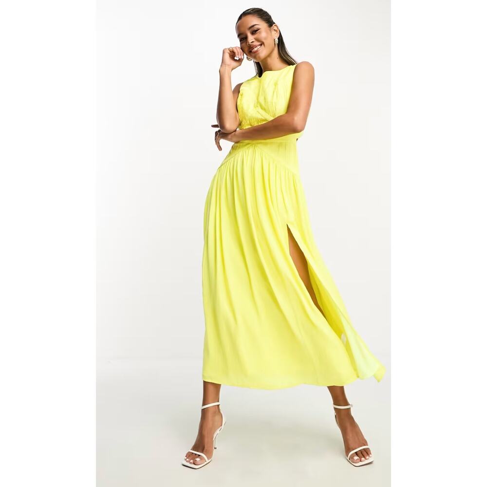 ASOS DESIGN Sleeveless Satin Pleated Ruched Maxi Dress Bright Yellow Size 8